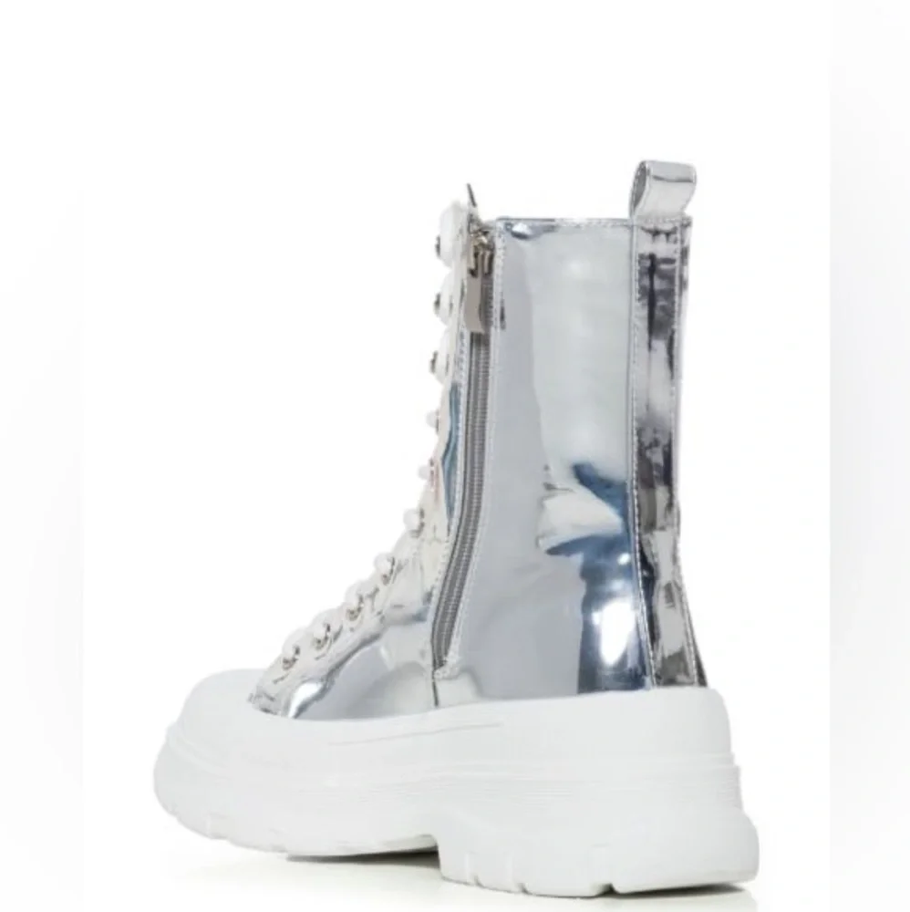Azalea Wang Silver Mirror Metallic Patent Leather Lace Up Combat Booties - Picture 4 of 4